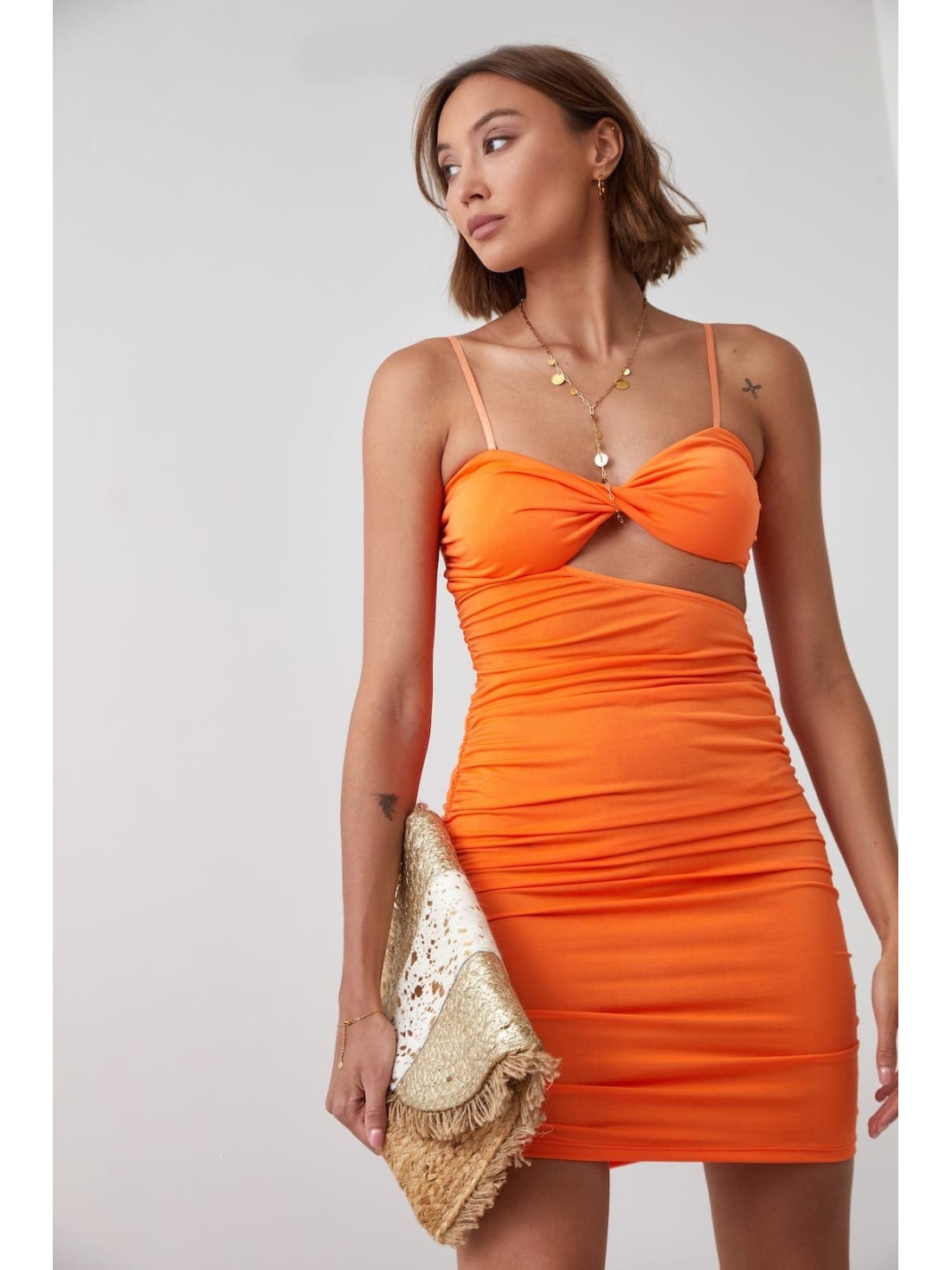 Sensual mini dress with a cutout, neon orange 22616 - Online store - Boutique